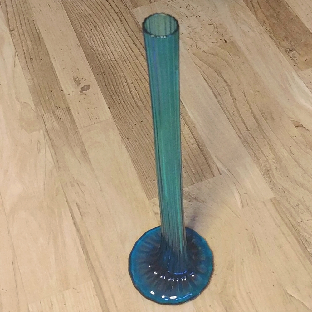 Vintage Teal Blue Green Glass Tall Skinny Vase 14" Hand Blown Glass